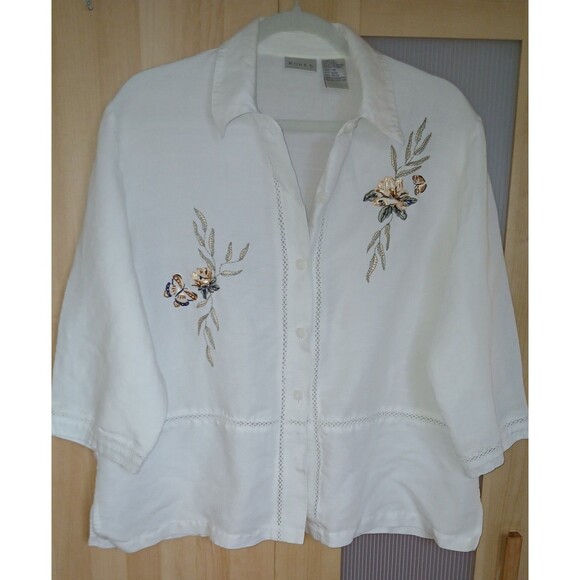 Vtg Koret Women's White Top Sz 16 XL Embroidery Ramie Button-Down Chic Travel - Picture 2 of 9